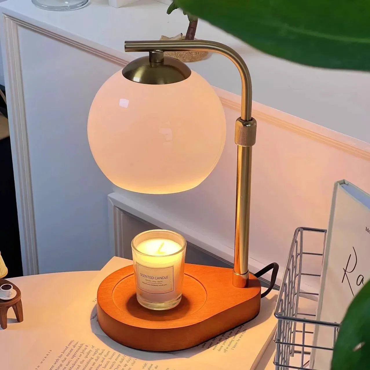 Candle Warmer Lamp with Globe Glass Shade and Wood Base