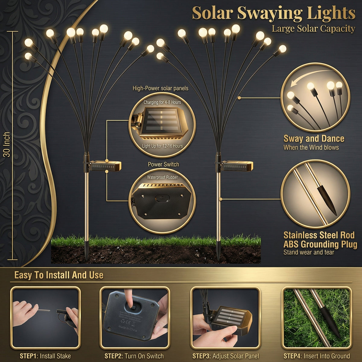 Solar Garden Lights Outdoor Swaying Stake Lights Waterproof for Pathway