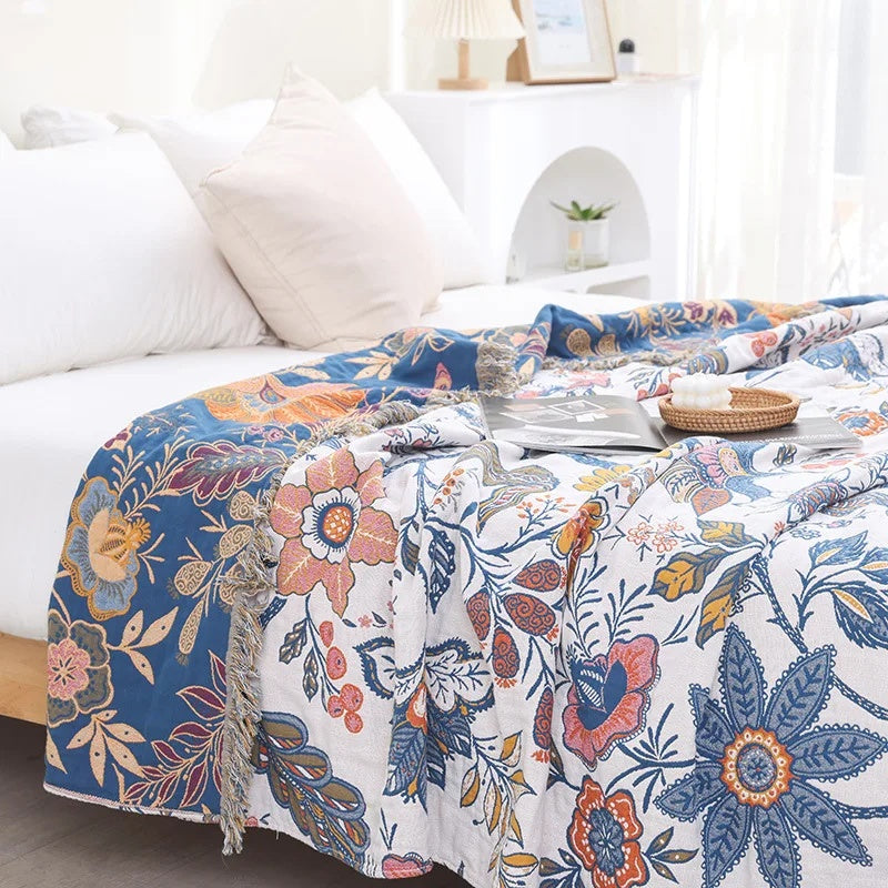Jacquard Throw Blanket Reversible Cotton Floral Fringed