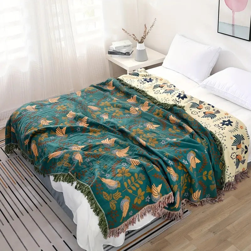 Cotton Throw Blanket Scandinavian Bird Print Fringed