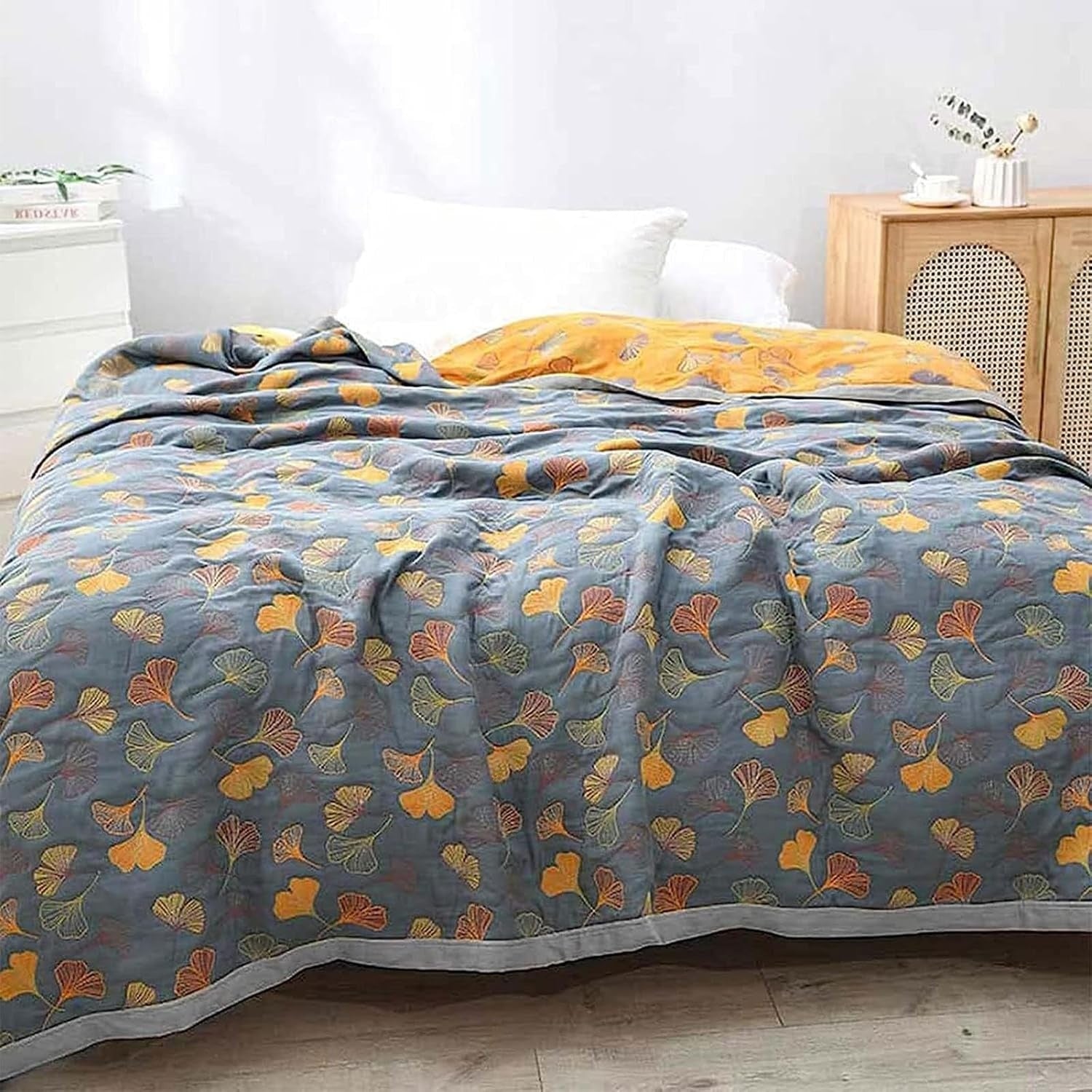 Cotton Quilt Throw Ginkgo Leaf Print Reversible