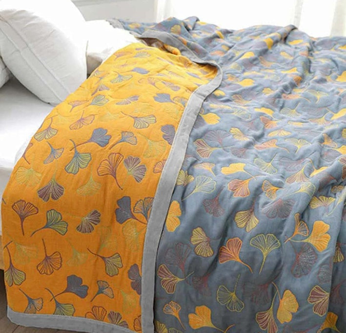Cotton Quilt Throw Ginkgo Leaf Print Reversible