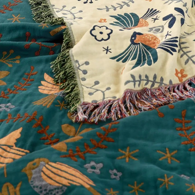 Cotton Throw Blanket Scandinavian Bird Print Fringed