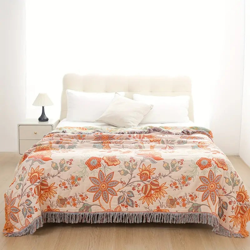 Boho Throw Blanket Cotton Floral Print with Tassels