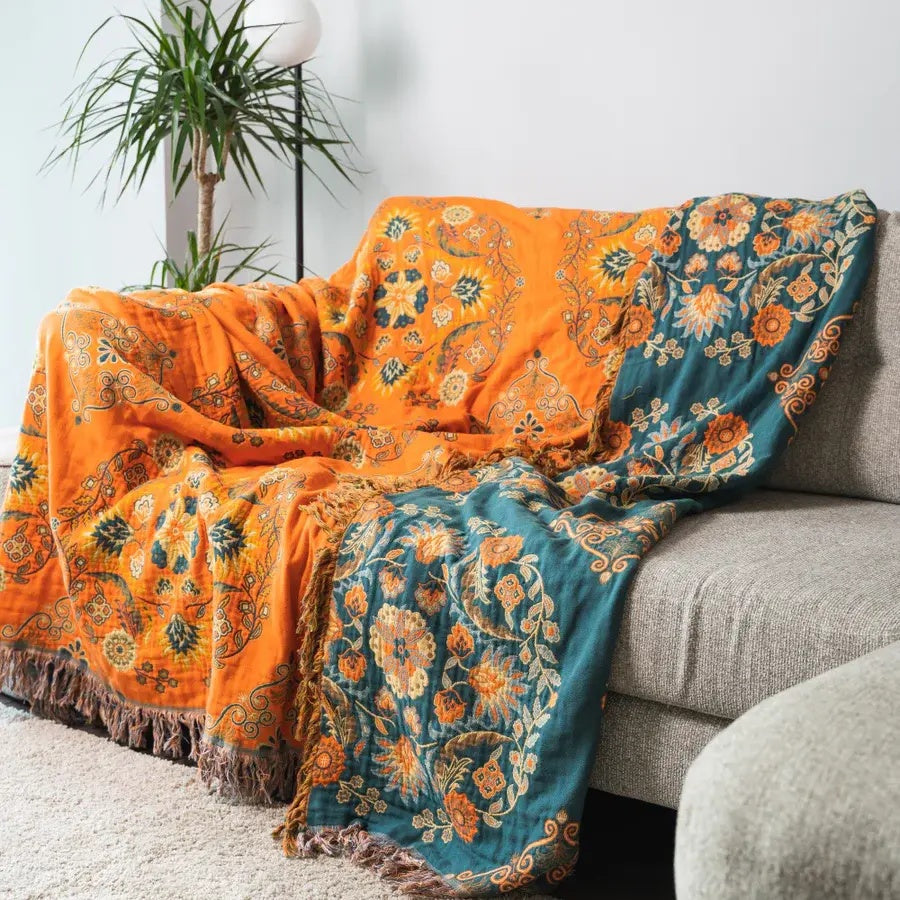 Cotton Gauze Throw Blanket Reversible Vintage Floral