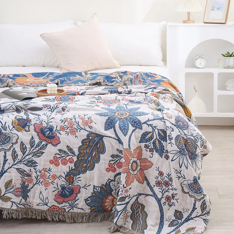 Jacquard Throw Blanket Reversible Cotton Floral Fringed