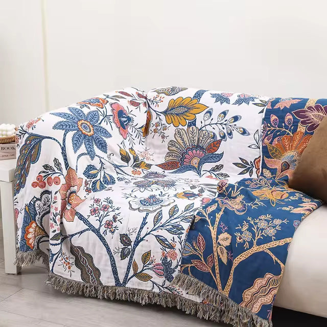 Jacquard Throw Blanket Reversible Cotton Floral Fringed