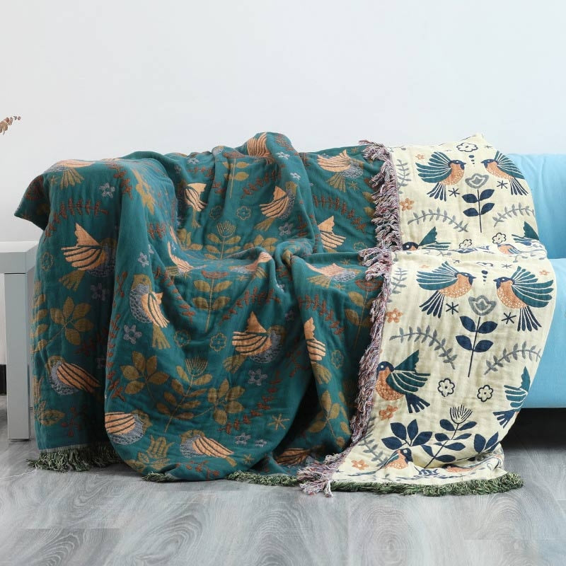 Cotton Throw Blanket Scandinavian Bird Print Fringed