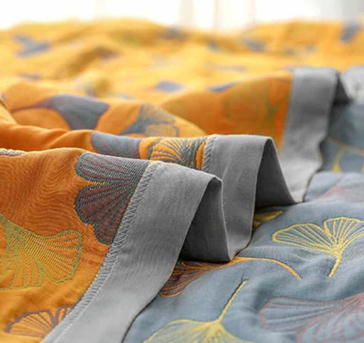 Cotton Quilt Throw Ginkgo Leaf Print Reversible