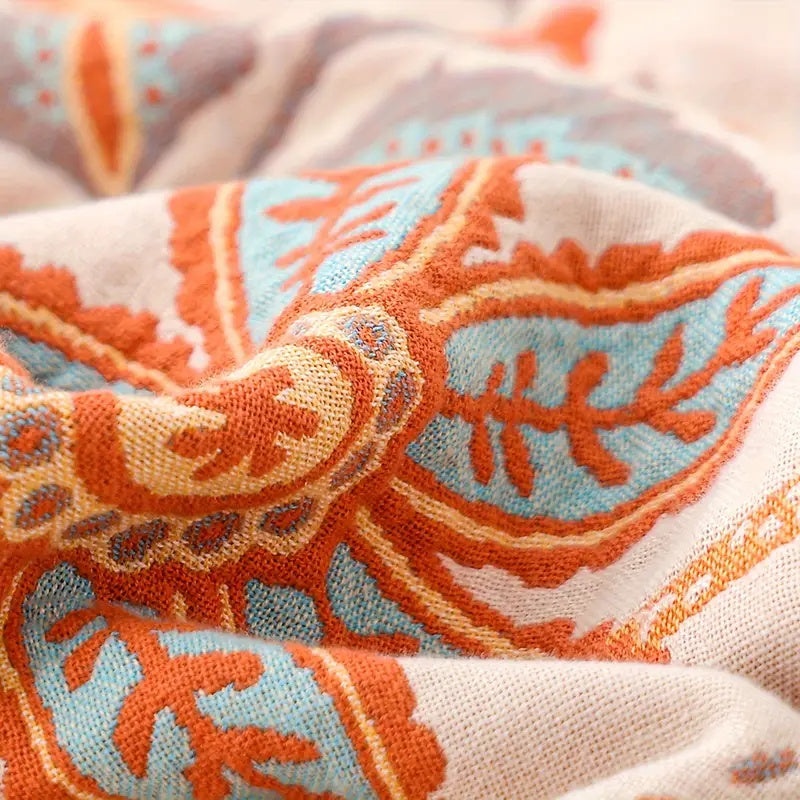Boho Throw Blanket Cotton Floral Print with Tassels
