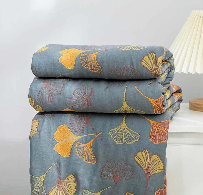 Cotton Quilt Throw Ginkgo Leaf Print Reversible