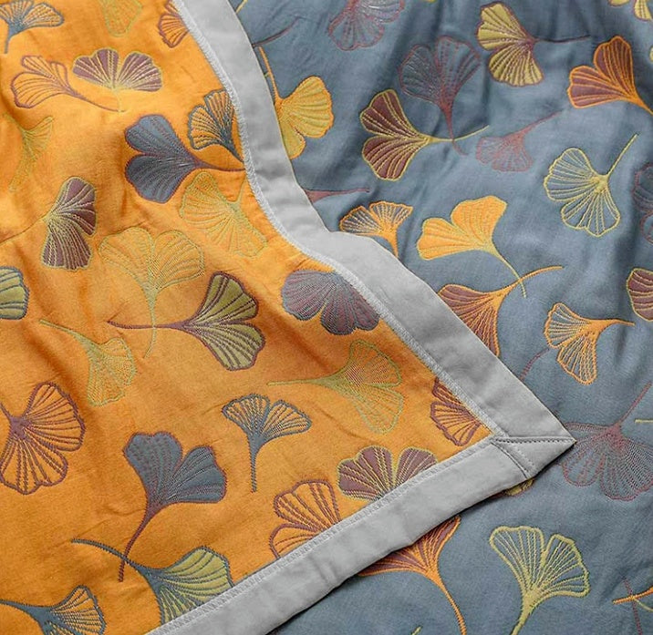 Cotton Quilt Throw Ginkgo Leaf Print Reversible