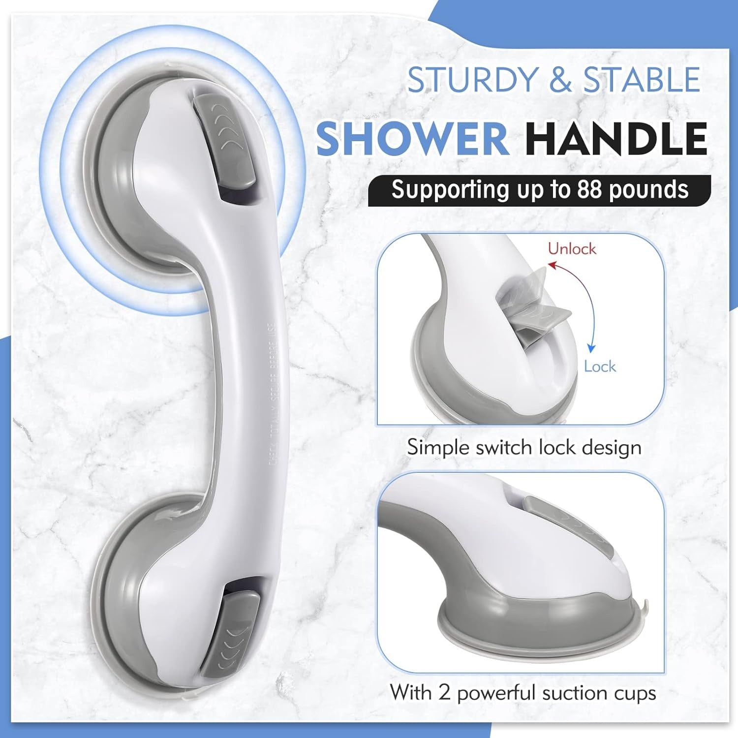 Suction Grab Bar Bathroom Assist Handle with Locking Levers