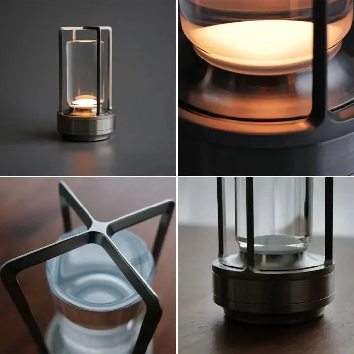 Cordless Table Lamp Lantern Style Metal Cage Dimmable for Patio and Dining