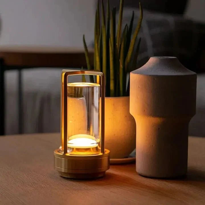 Cordless Table Lamp Lantern Style Metal Cage Dimmable for Patio and Dining