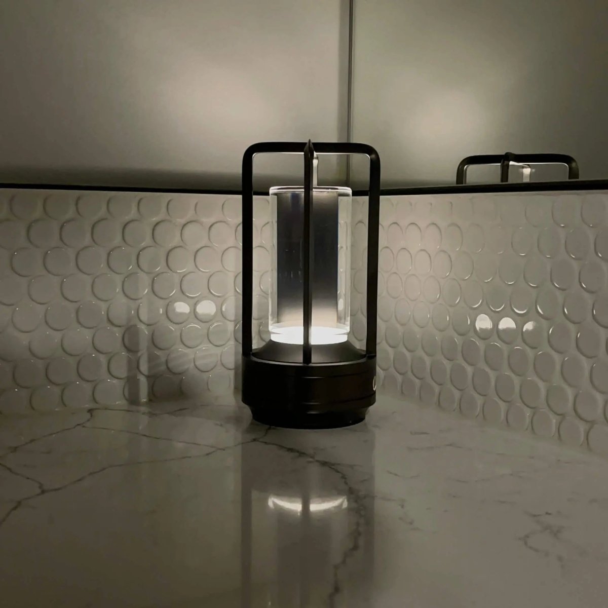 Cordless Table Lamp Lantern Style Metal Cage Dimmable for Patio and Dining