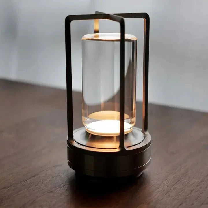 Cordless Table Lamp Lantern Style Metal Cage Dimmable for Patio and Dining