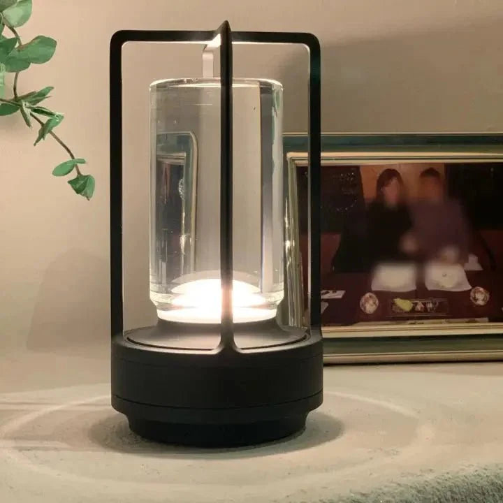 Cordless Table Lamp Lantern Style Metal Cage Dimmable for Patio and Dining
