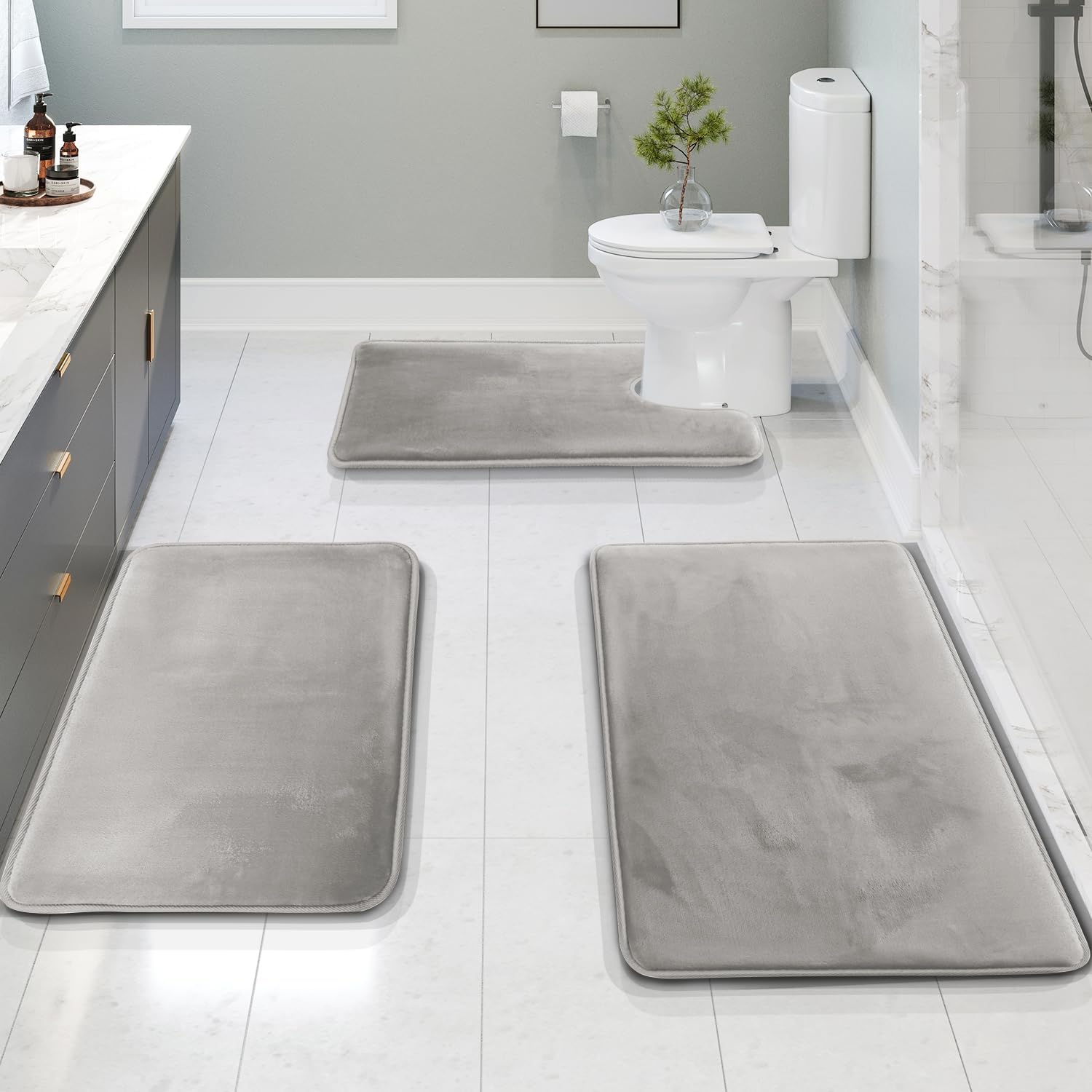 Velvet Memory Foam Bath Mat Set 3 Piece with Contour Toilet Rug