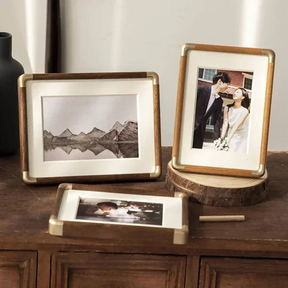 Tabletop Photo Frame Solid Wood with Mat and Metal Corners