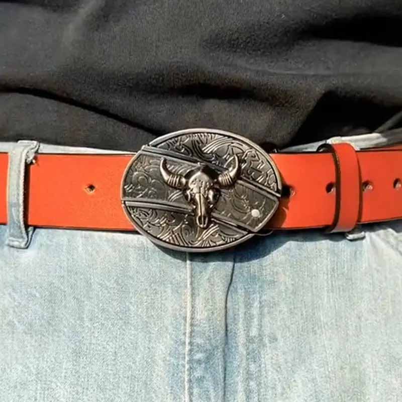 Western Belt Buckle Oval Metal Cowboy Engraved Design for Mens Belts