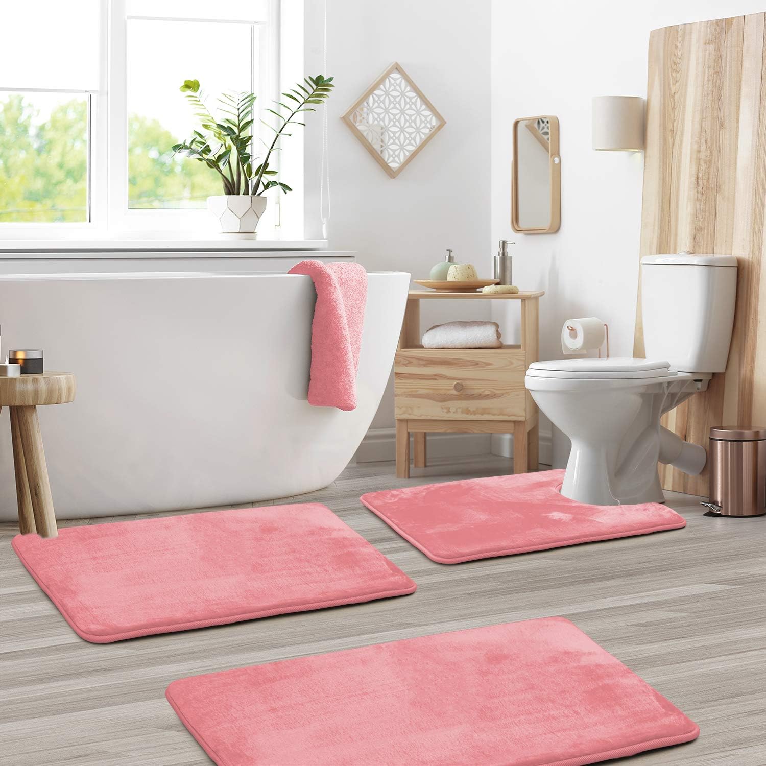 Velvet Memory Foam Bath Mat Set 3 Piece with Contour Toilet Rug