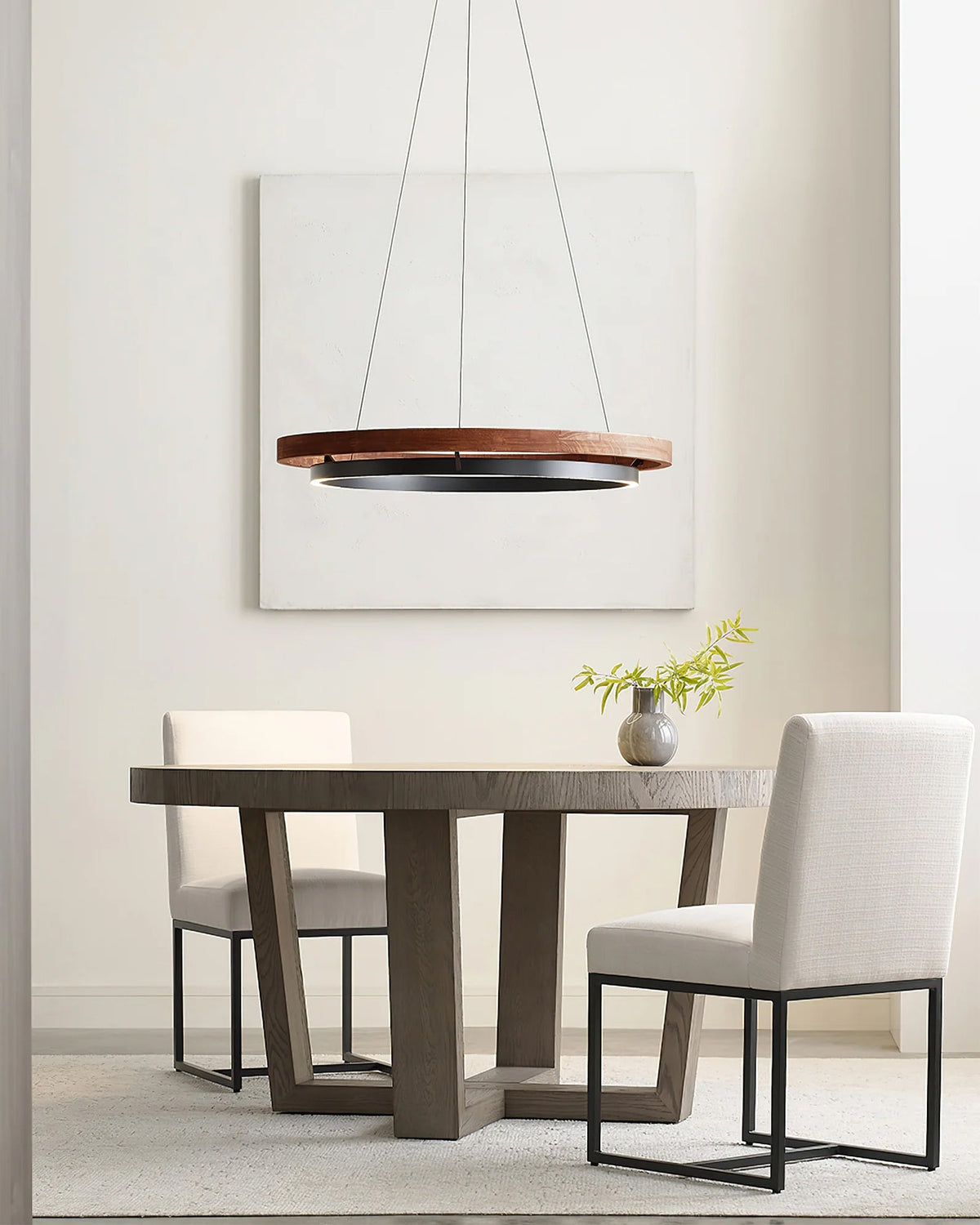 Double Ring LED Chandelier Walnut Finish Integrated Light Dining Room