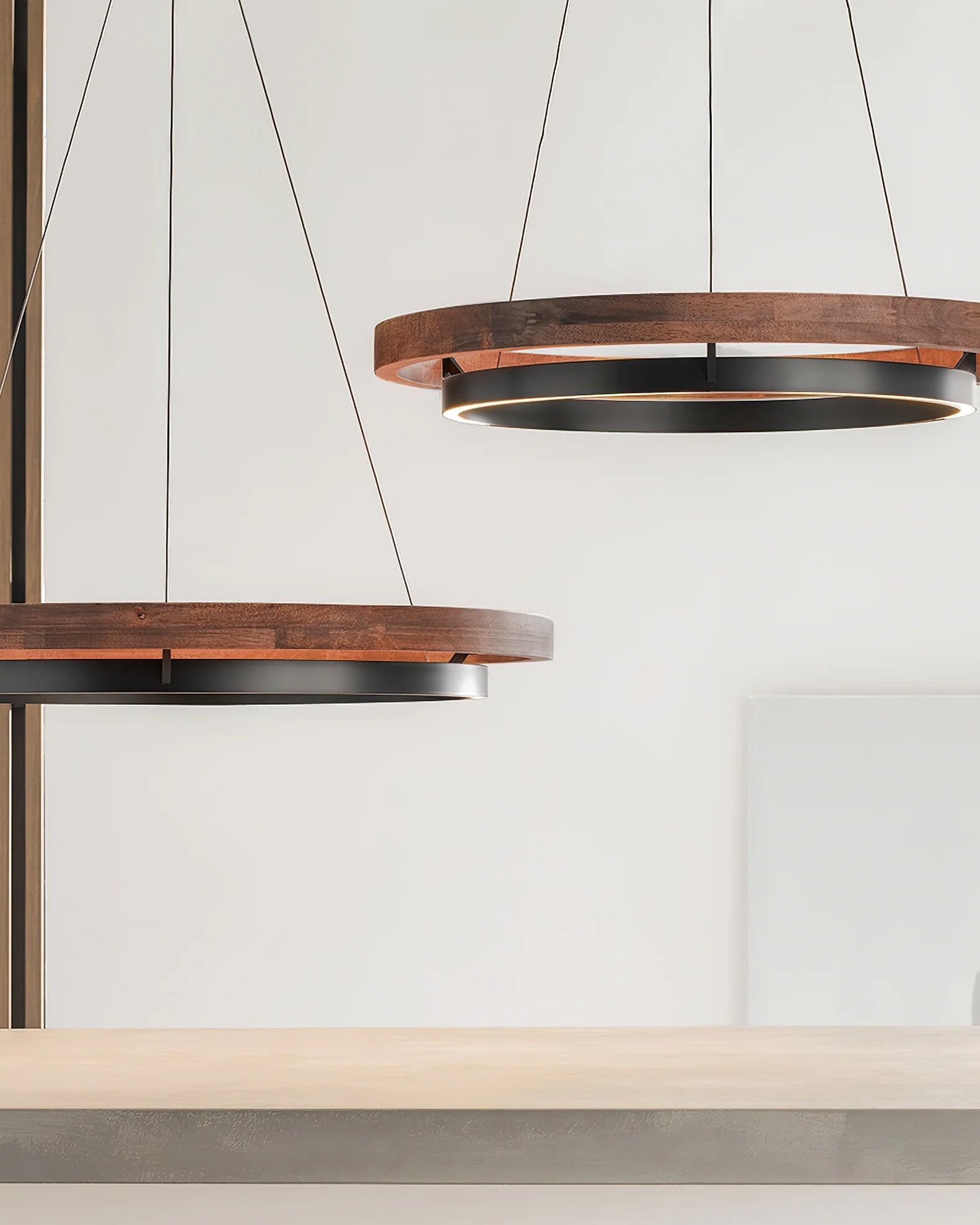 Double Ring LED Chandelier Walnut Finish Integrated Light Dining Room