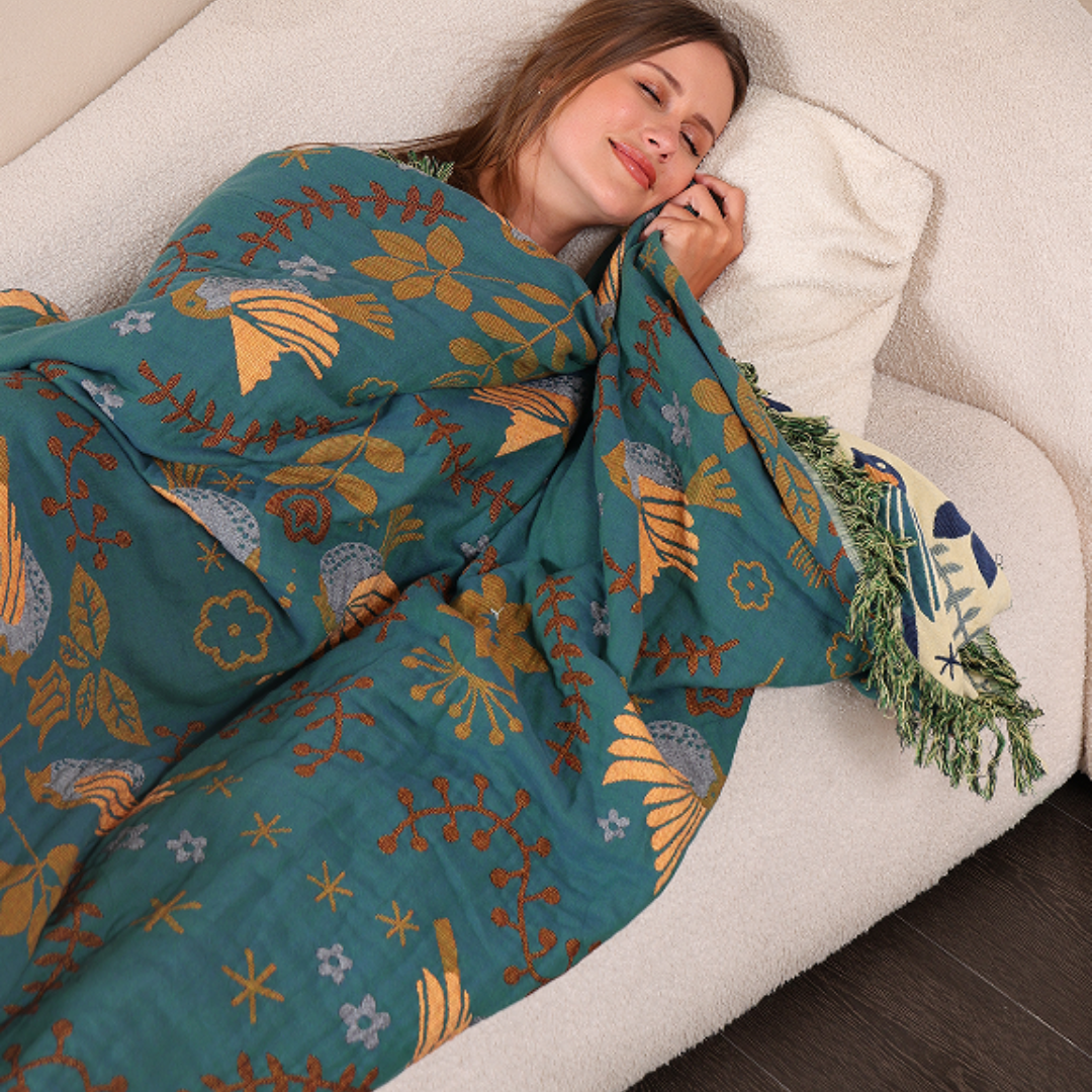 Cotton Throw Blanket Scandinavian Bird Print Fringed