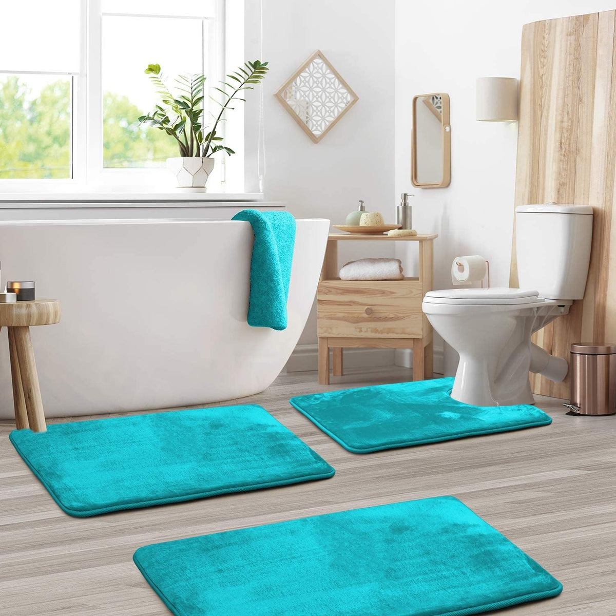 Velvet Memory Foam Bath Mat Set 3 Piece with Contour Toilet Rug