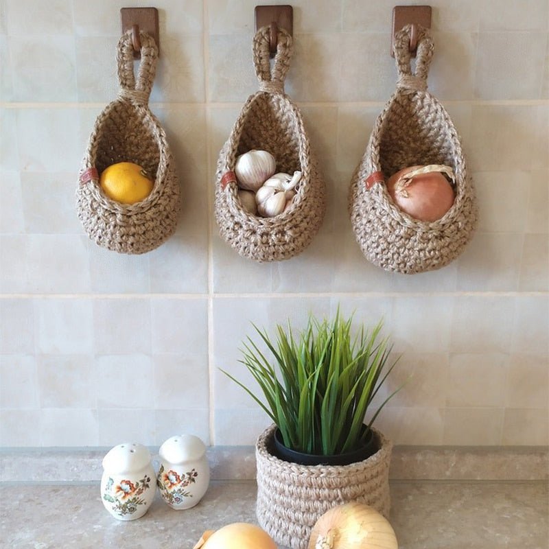 Hanging Woven Storage Baskets Wall Mounted for Kitchen Fruit and Vegetables